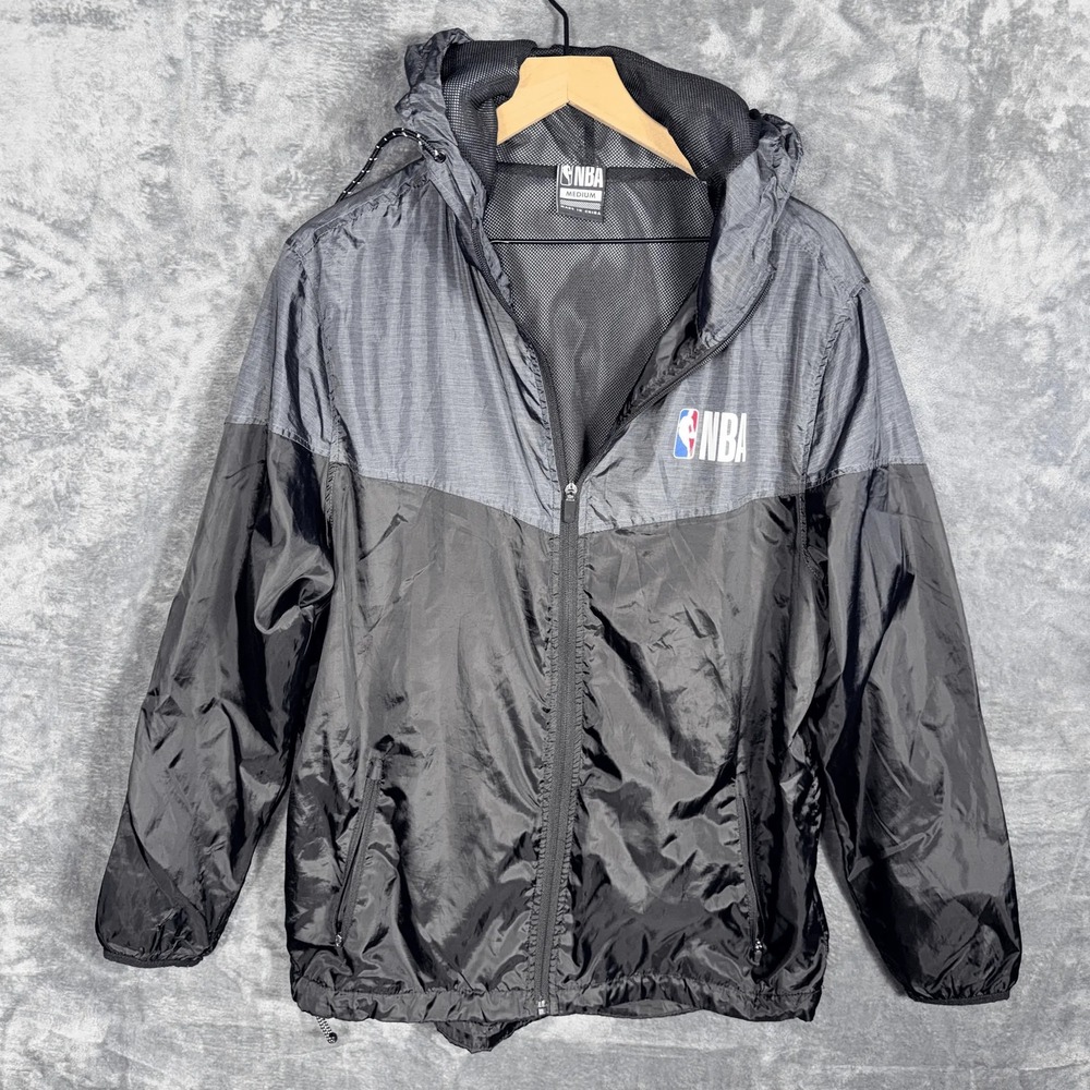 NBA Mens Windbreaker Jacket M Black Gray Hooded‎ Full Zip Basketball Coat